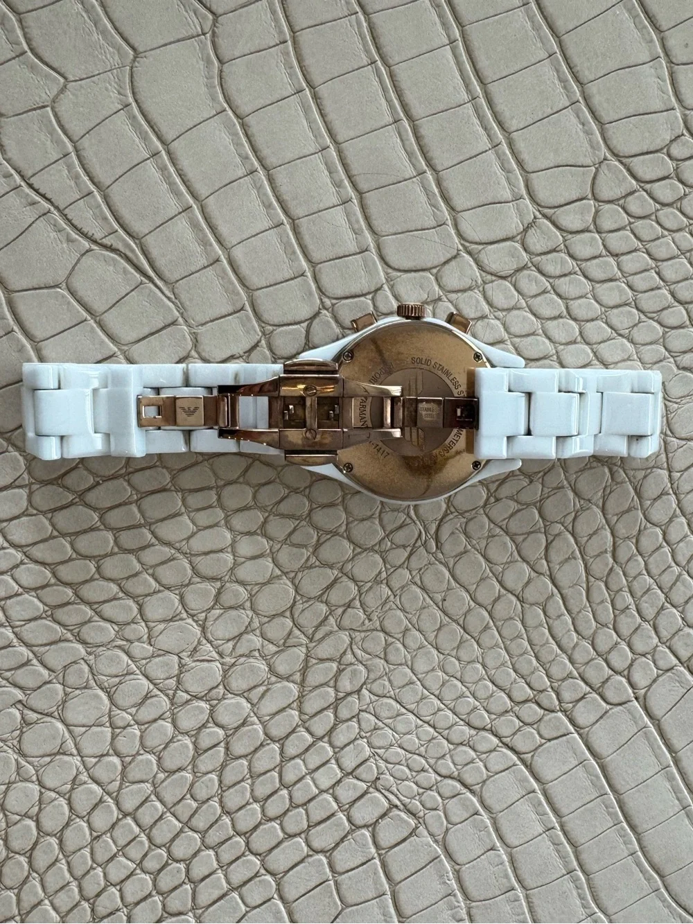 Emporio Armani White Ceramic Chronograph Watch with Rose Gold Markers